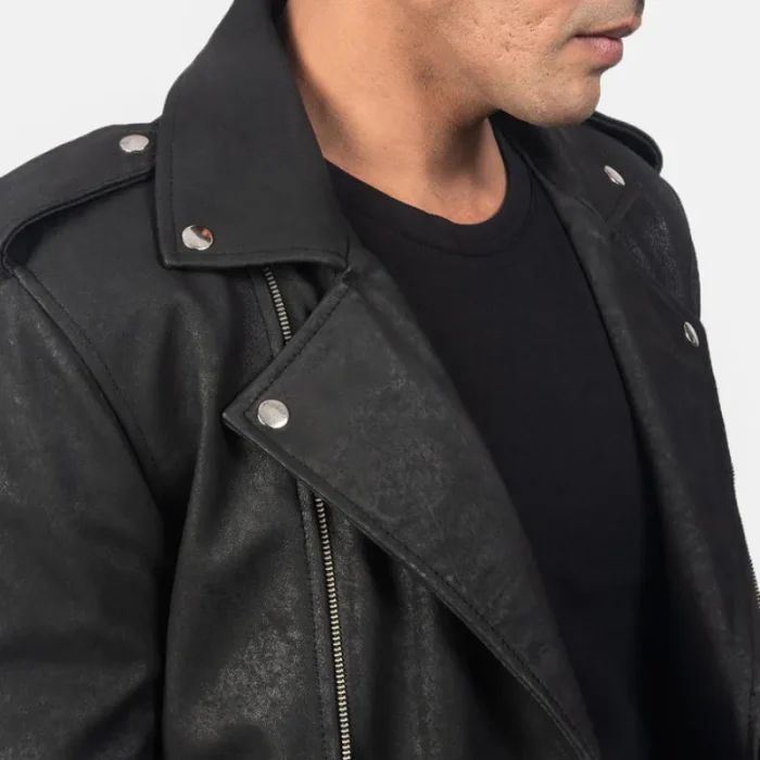 Men'S Distressed Black Leather Biker Jacket Close View