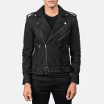 Men's Distressed Black Leather Biker Jacket Front View