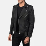 Men's Distressed Black Leather Biker Jacket Side View