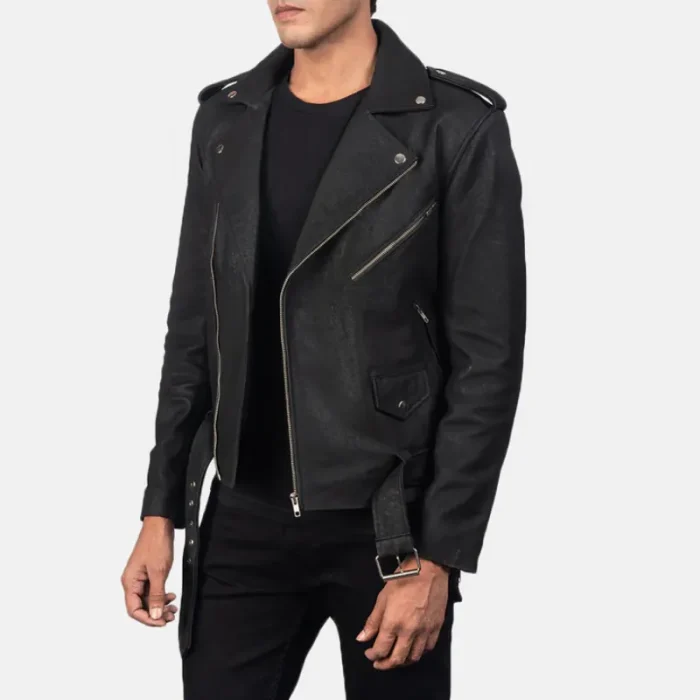 Men'S Distressed Black Leather Biker Jacket Side View