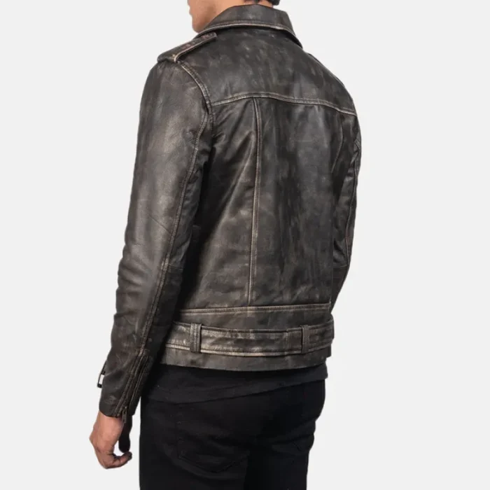 Men'S Distressed Brown Leather Biker Jacket Back View