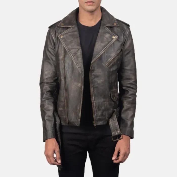 Men'S Distressed Brown Leather Biker Jacket Front View