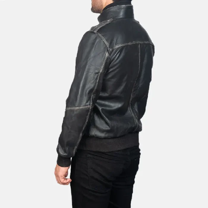 Men'S Glen Street Black Leather Bomber Jacket Back