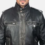 Men's Glen Street Black Leather Bomber Jacket Close View