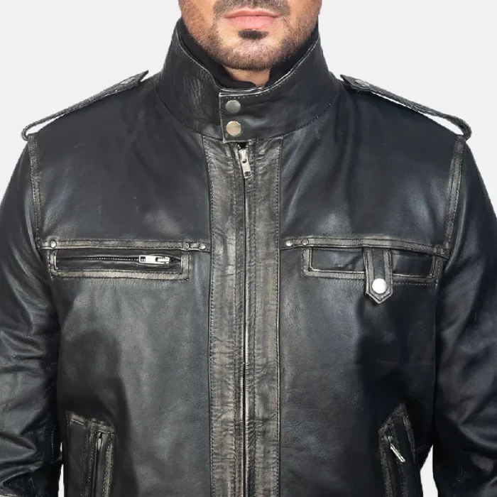 Men'S Glen Street Black Leather Bomber Jacket Close View