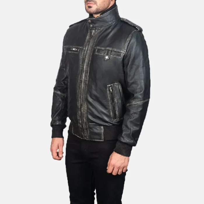 Men'S Glen Street Black Leather Bomber Jacket Side