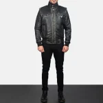 Men's Glen Street Black Leather Bomber Jacket Wearing Look