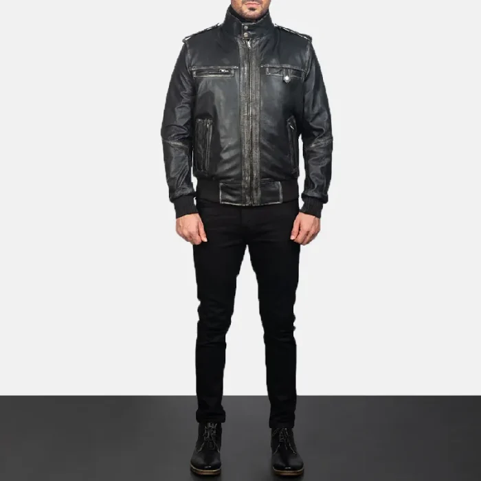 Men'S Glen Street Black Leather Bomber Jacket Wearing Look