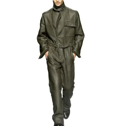 Men's Green Biker Cowhide Leather Jumpsuit