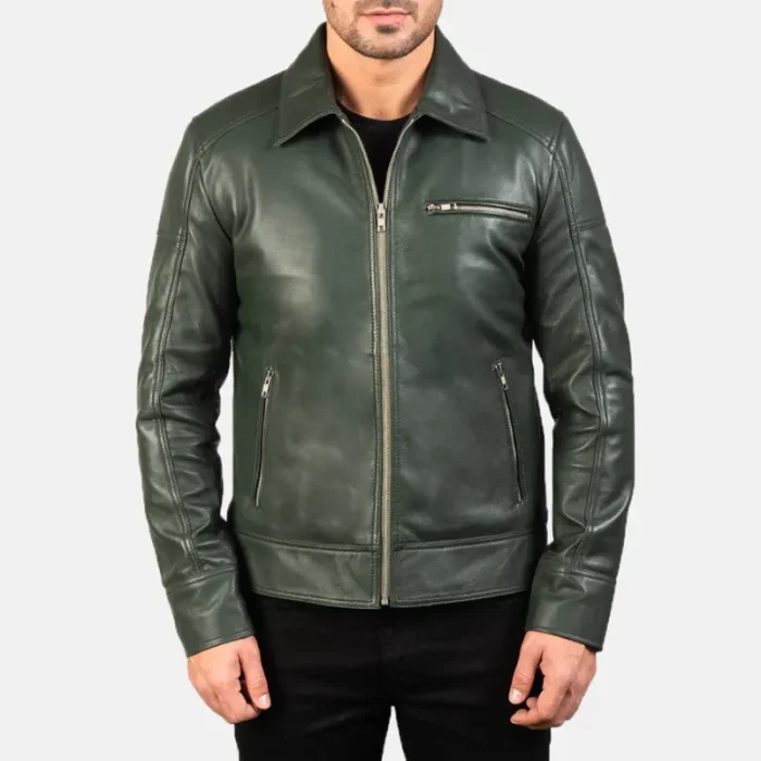 Men'S Green Leather Biker Jacket - Luxide