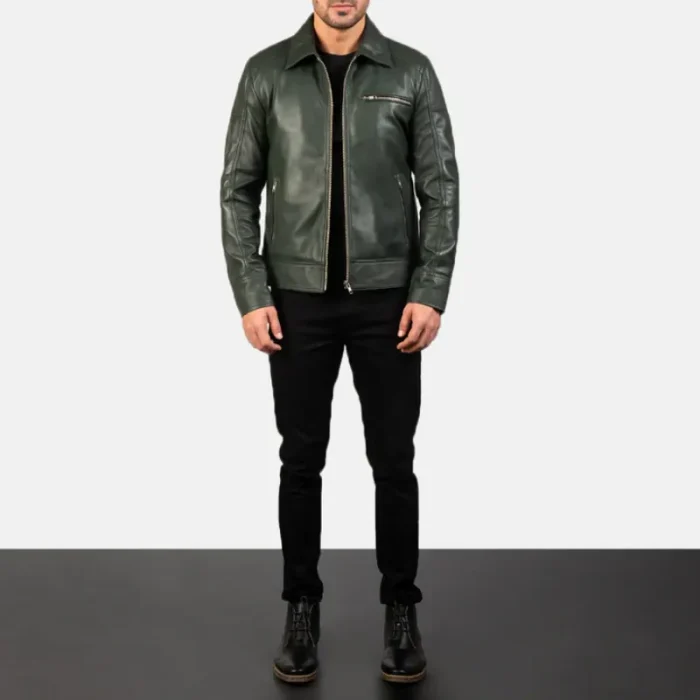 Men'S Green Leather Biker Jacket - Luxide