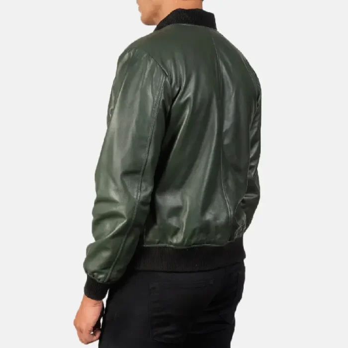 Men'S Green Leather Bomber Zip-Up Jacket Back