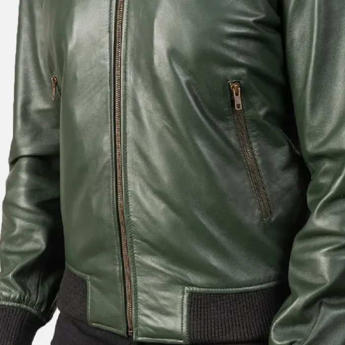 Men'S Green Leather Bomber Zip-Up Jacket Close View