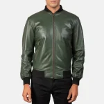 Men's Green Leather Bomber Zip-Up Jacket Front