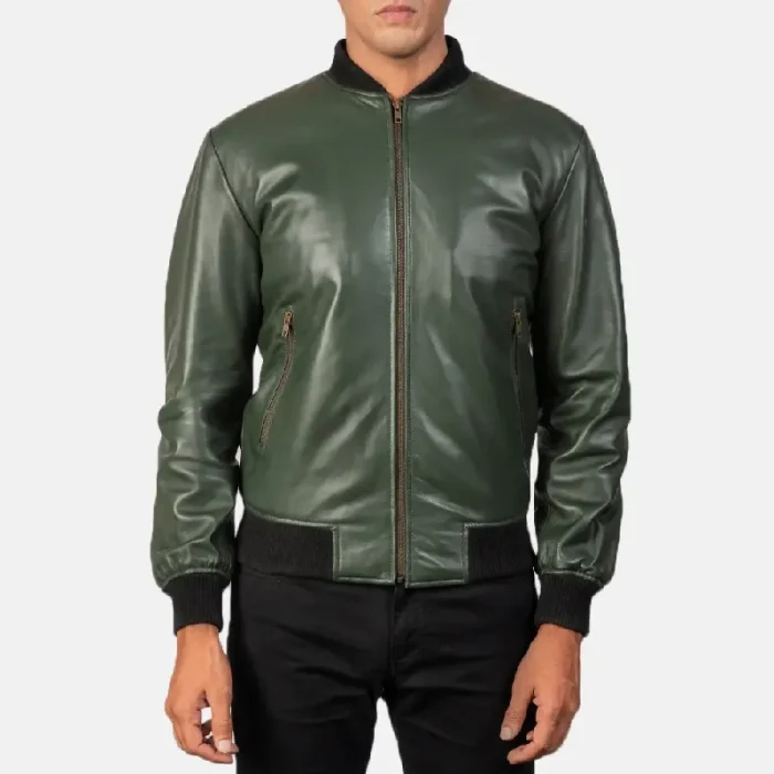Men'S Green Leather Bomber Zip-Up Jacket Front