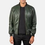 Men's Green Leather Bomber Zip-Up Jacket