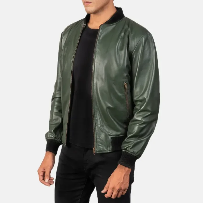 Men'S Green Leather Bomber Zip-Up Jacket Side View