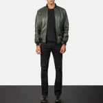 Men's Green Leather Bomber Zip-Up Jacket Wearing Look