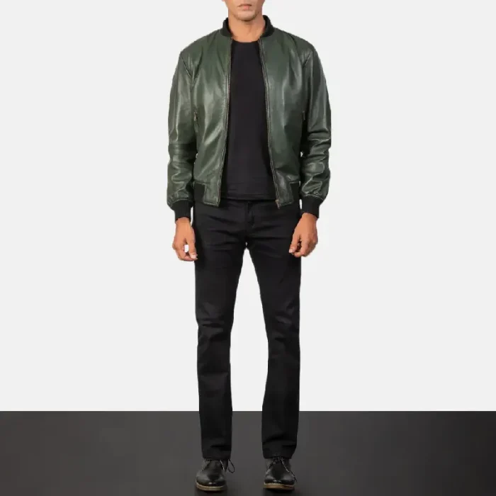 Men'S Green Leather Bomber Zip-Up Jacket Wearing Look