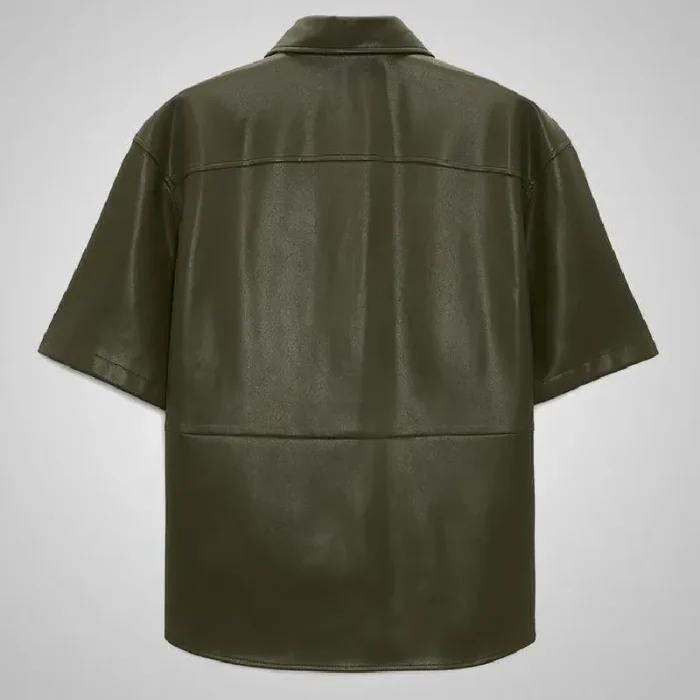 Men'S Green Leather Button Up Half Sleeves Shirt Back