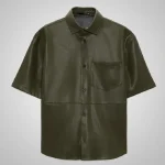 Men's Green Leather Button Up Half Sleeves Shirt
