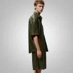 Men's Green Leather Button Up Half Sleeves Shirt Side