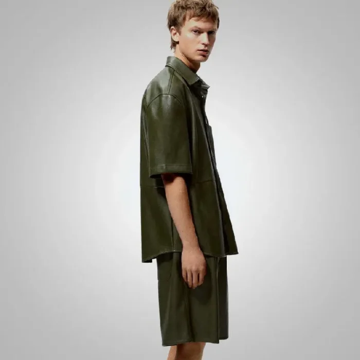 Men'S Green Leather Button Up Half Sleeves Shirt Side