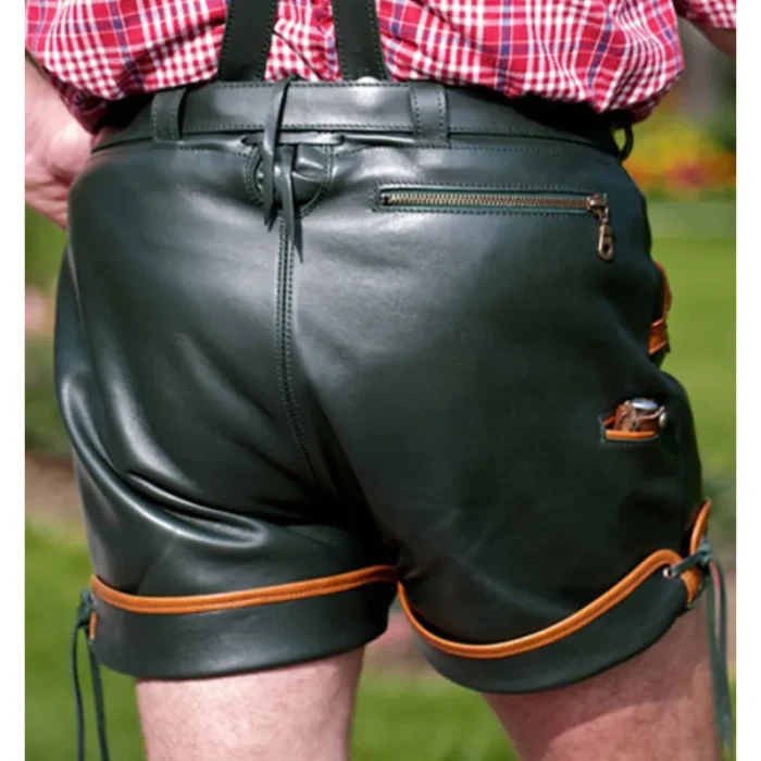 Green Classic Oktoberfest Leather Shorts For Men Back