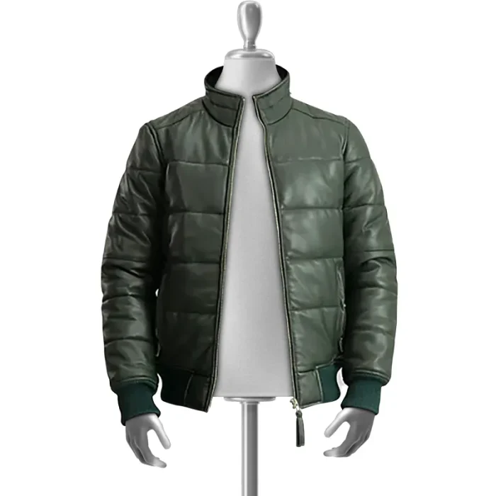 Men'S Green Maven Bomber Puffer Leather Jacket Front View