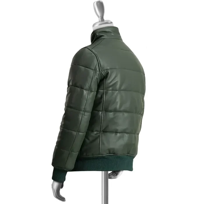 Men'S Green Maven Bomber Puffer Leather Jacket Side View