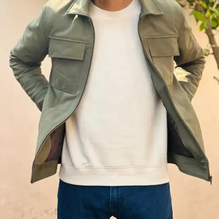 Men'S Green Nubuck Leather Zip-Up Jacket View