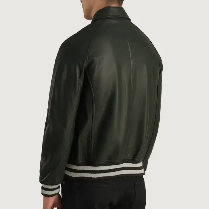 Men'S Green Leather Zip-Up Varsity Jacket Back