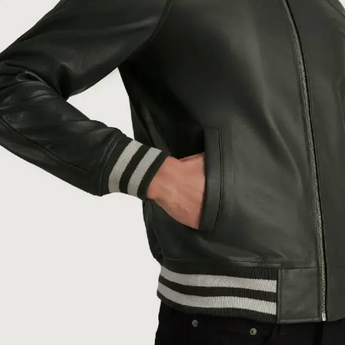Men'S Green Leather Zip-Up Varsity Jacket Close Up