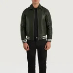 Men's Green Leather Zip-Up Varsity Jacket Look