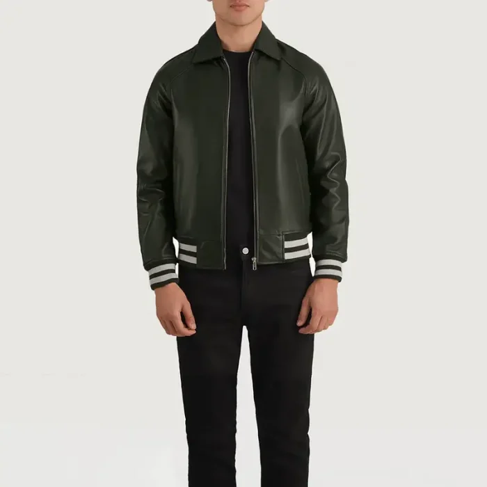 Men'S Green Leather Zip-Up Varsity Jacket Look