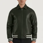 Men's Green Leather Zip-Up Varsity Jacket