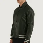 Men's Green Leather Zip-Up Varsity Jacket Side