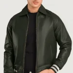 Men's Green Leather Zip-Up Varsity Jacket Front View