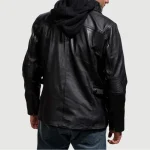 Men's Hooded Black Leather Bomber Jacket Back View