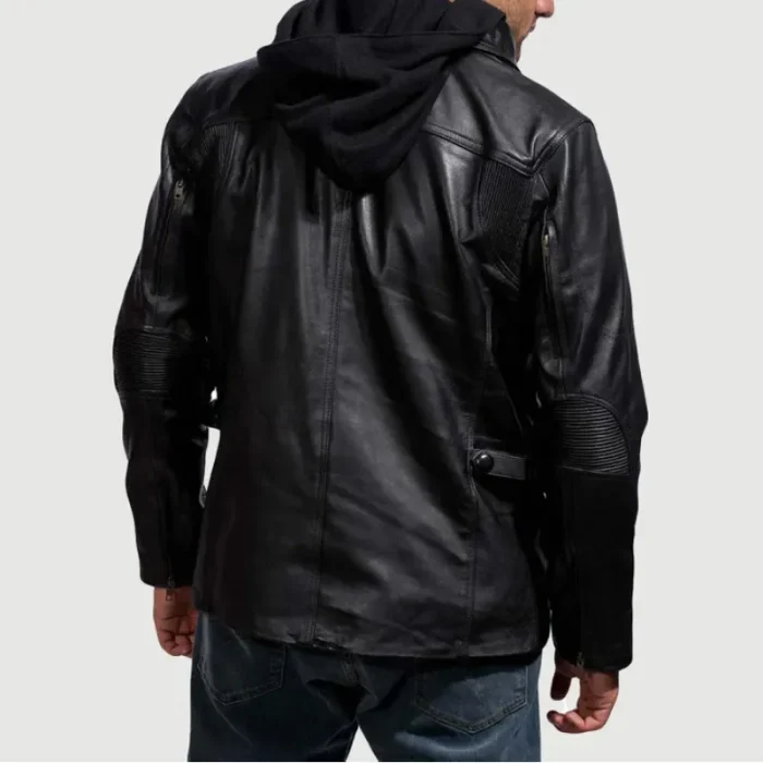 Men'S Hooded Black Leather Bomber Jacket Back View