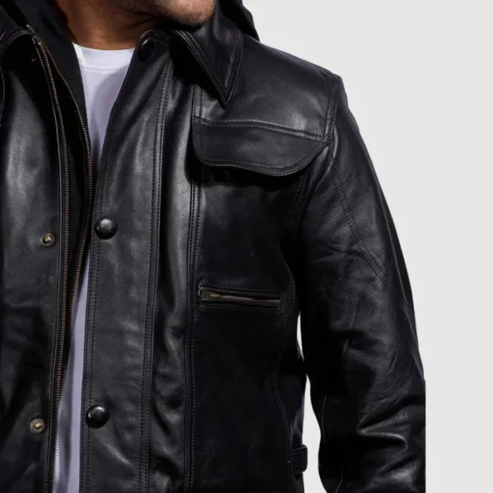 Men'S Hooded Black Leather Bomber Jacket Close