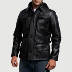 Men's Hooded Black Leather Bomber Jacket Front View