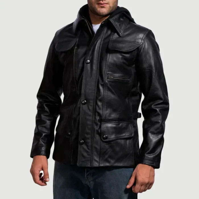 Men'S Hooded Black Leather Bomber Jacket Front View