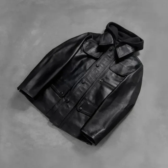 Men'S Hooded Black Leather Bomber Jacket