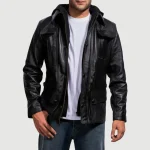 Men's Black Leather Hooded Layered Bomber Jacket