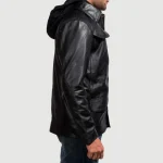 Men's Hooded Black Leather Bomber Jacket Side View
