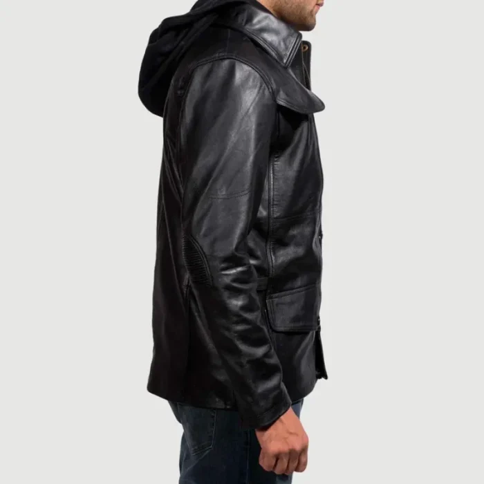 Men'S Hooded Black Leather Bomber Jacket Side View