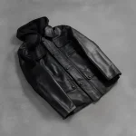 Men's Hooded Black Leather Bomber Jacket View