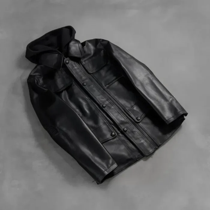 Men'S Hooded Black Leather Bomber Jacket View