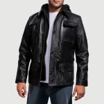 Men's Hooded Black Leather Bomber Jacket Wearing look